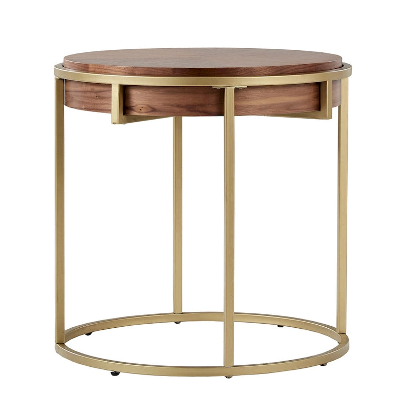 Table basse ronde avec plateau géométrique en placage de noyer et base en métal doré