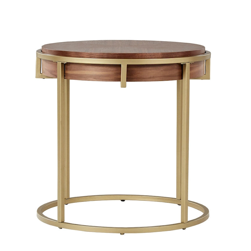 Table basse ronde avec plateau géométrique en placage de noyer et base en métal doré