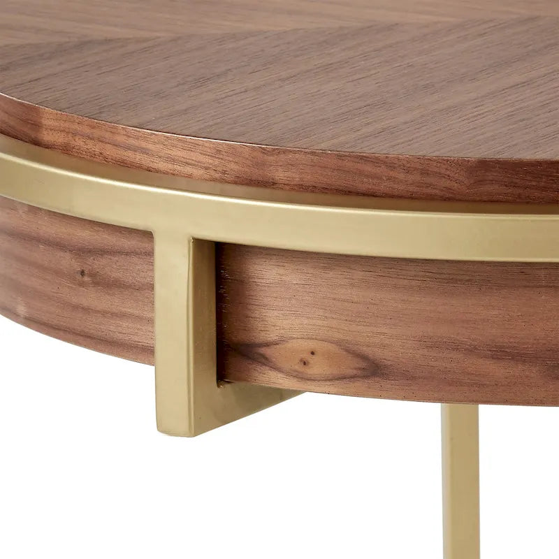 Table basse ronde avec plateau géométrique en placage de noyer et base en métal doré