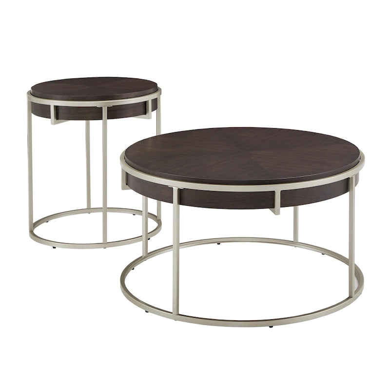 Table basse ronde avec plateau géométrique en placage de noyer et base en métal doré