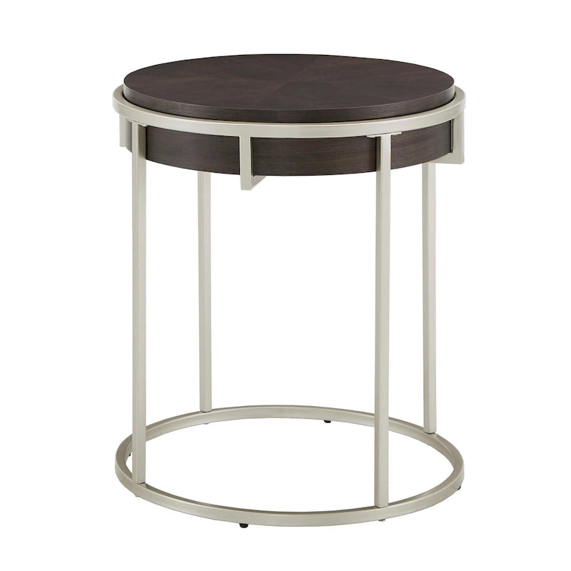 Table basse ronde avec plateau géométrique en placage de noyer et base en métal doré