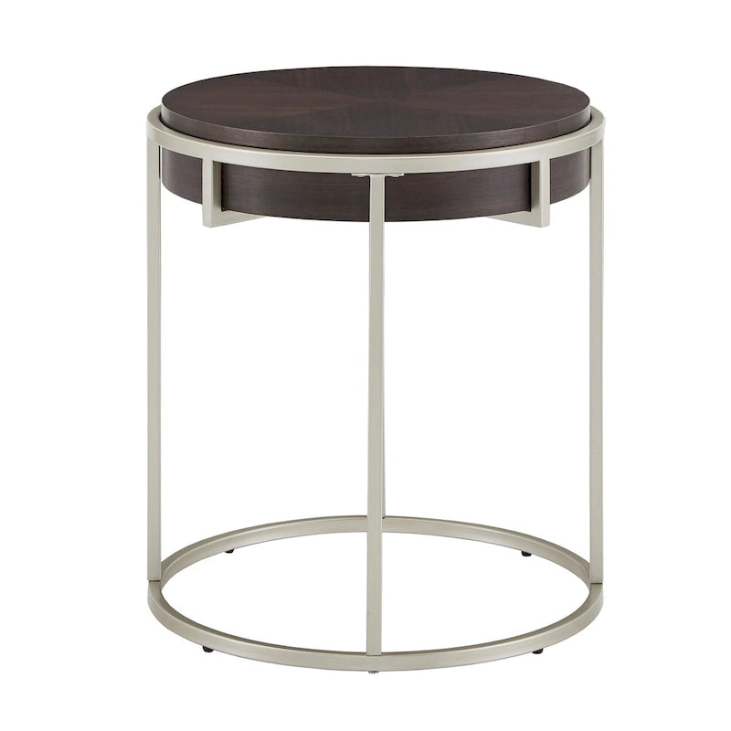 Table basse ronde avec plateau géométrique en placage de noyer et base en métal doré