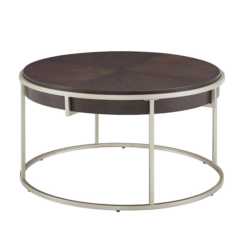 Table basse ronde avec plateau géométrique en placage de noyer et base en métal doré
