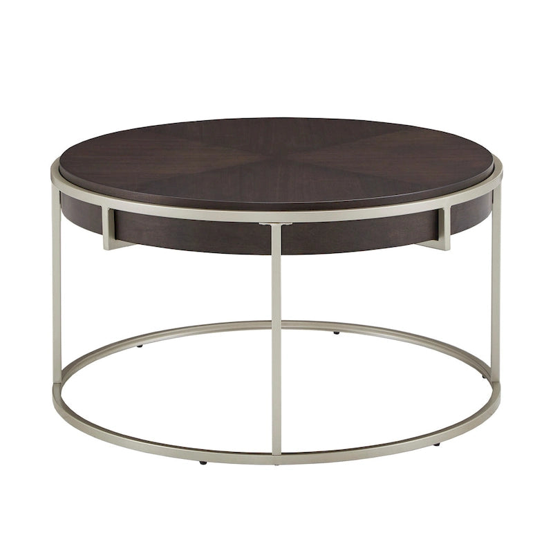 Table basse ronde avec plateau géométrique en placage de noyer et base en métal doré