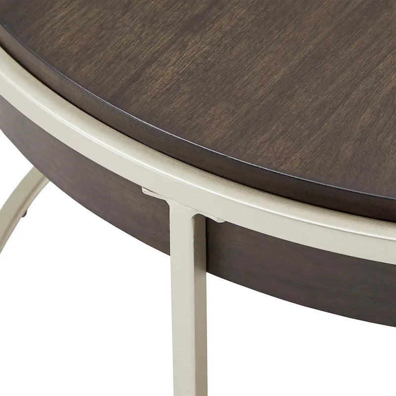 Table basse ronde avec plateau géométrique en placage de noyer et base en métal doré