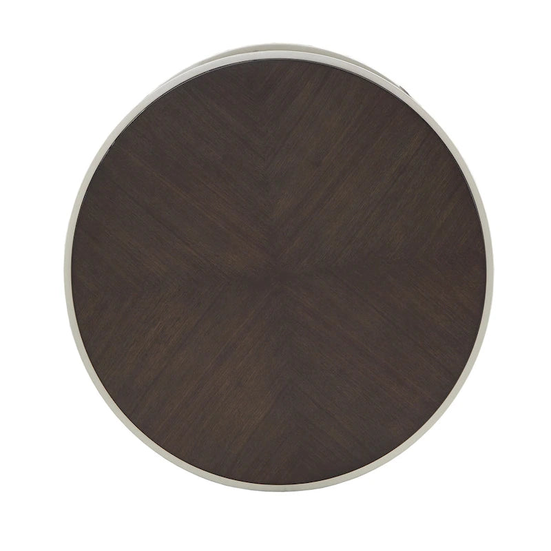 Table basse ronde avec plateau géométrique en placage de noyer et base en métal doré