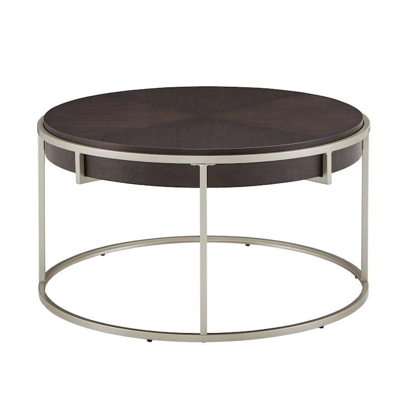 Table basse ronde avec plateau géométrique en placage de noyer et base en métal doré
