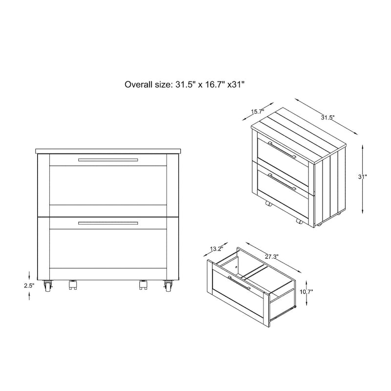 Rustic Grey Oak 2-Drawer File Cabinet with Caster Wheels