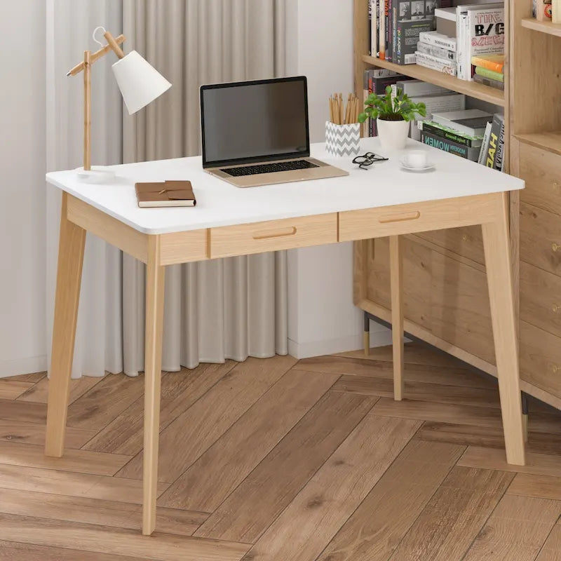 39.4 Inch Simple Writing Desk with Drawers and Solid Wood Legs