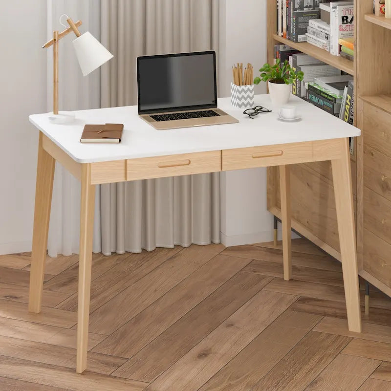 39.4 Inch Simple Writing Desk with Drawers and Solid Wood Legs