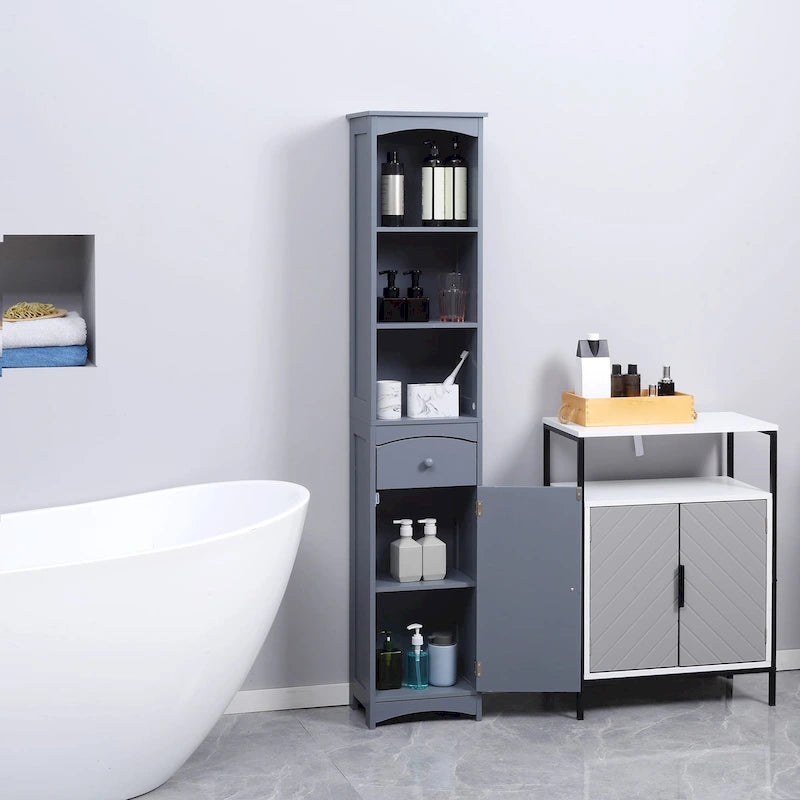 Bathroom Storage Cabinet Free Standing Tall Linen Tower with 3-Tier Shelves and Drawer Brown