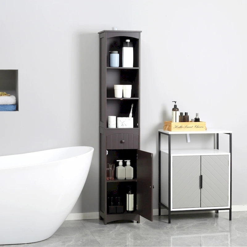 Bathroom Storage Cabinet Free Standing Tall Linen Tower with 3-Tier Shelves and Drawer Brown