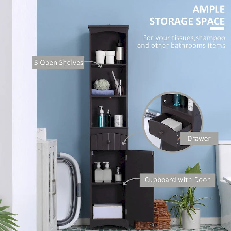 Meuble de Rangement Salle de Bain Colonne Haute Lin Autoportante avec 3 Étagères et Tiroir Marron
