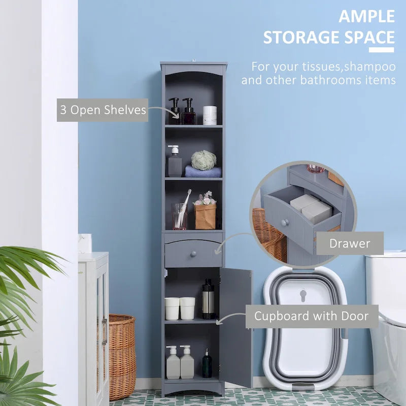 Meuble de Rangement Salle de Bain Colonne Haute Lin Autoportante avec 3 Étagères et Tiroir Marron