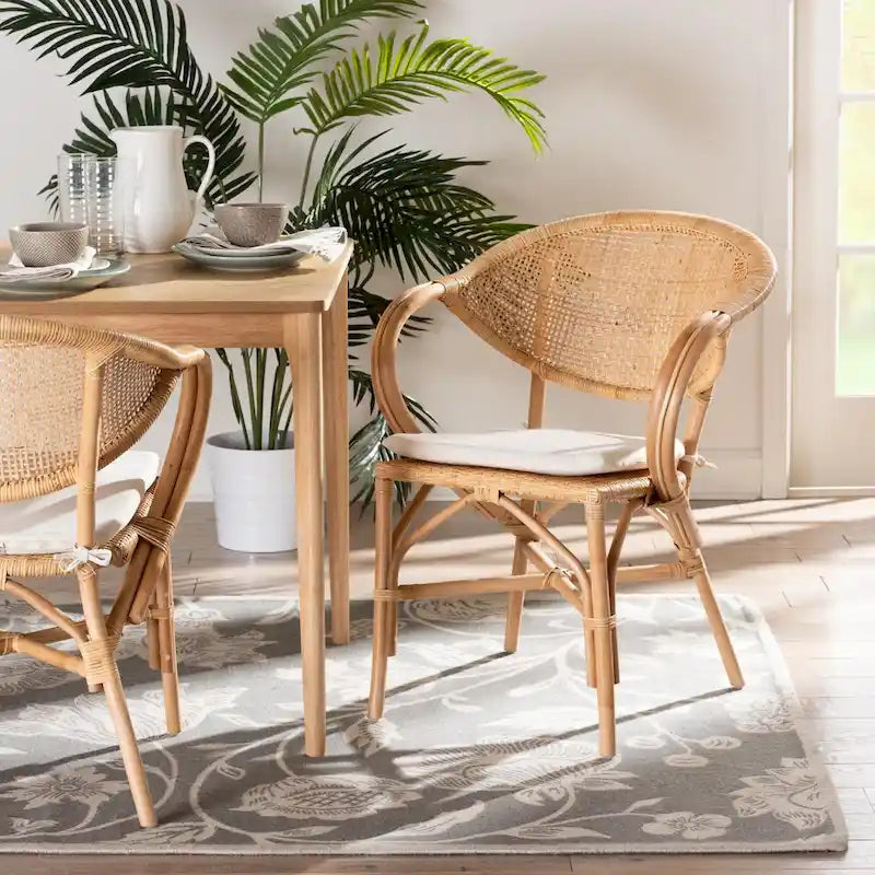 Chaise de salle à manger Bohème en rotin brun naturel avec coussin amovible