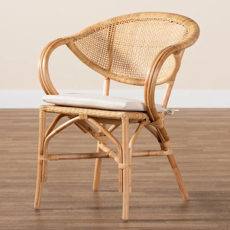 Chaise de salle à manger Bohème en rotin brun naturel avec coussin amovible