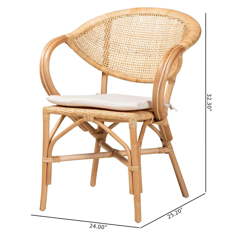 Chaise de salle à manger Bohème en rotin brun naturel avec coussin amovible