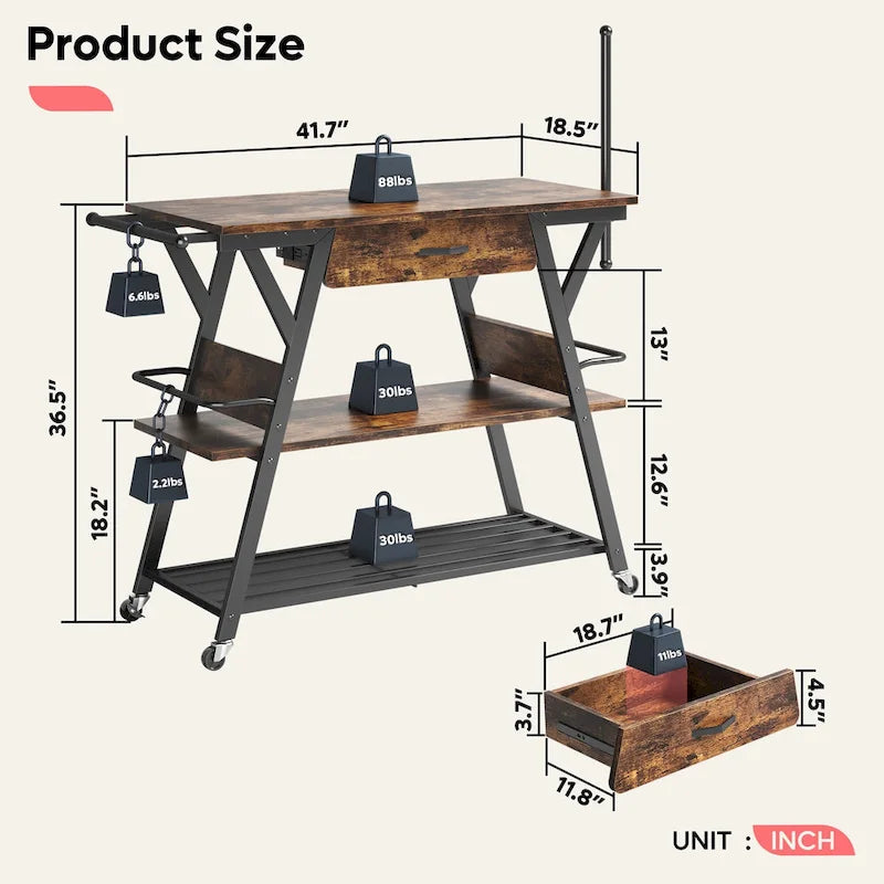 Îlot de cuisine roulant de 105,9 cm de large avec tiroir