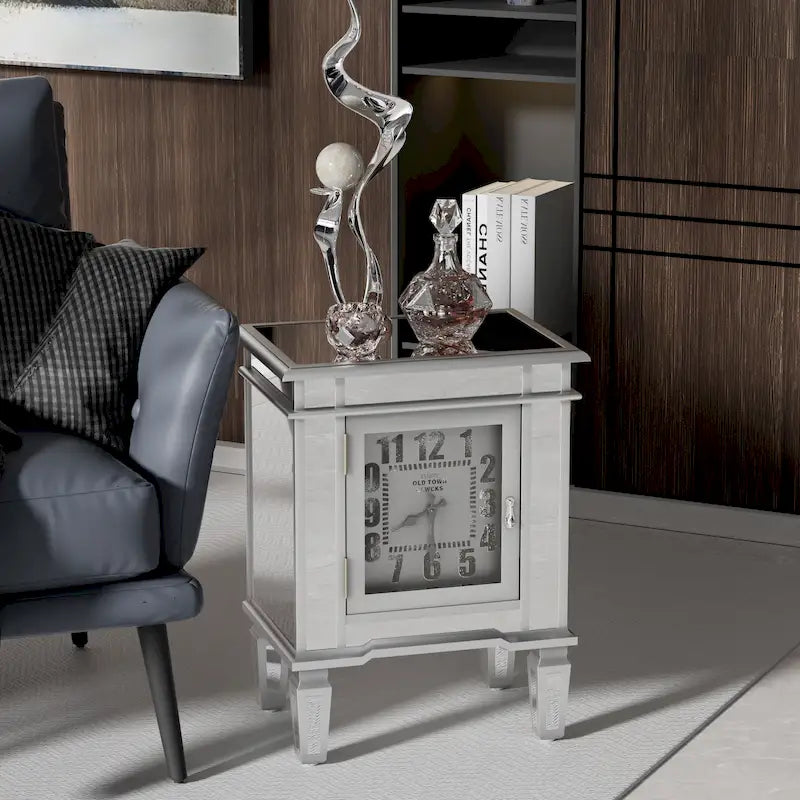 Mirrored Side Table with Clock Door Antique Silver Bedside Nightstand