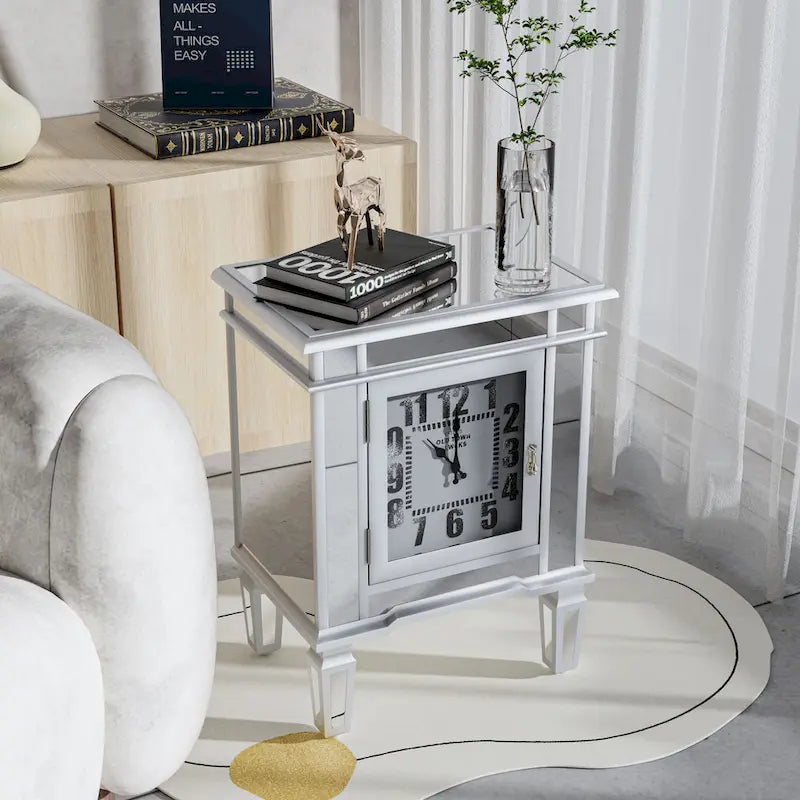 Mirrored Side Table with Clock Door Antique Silver Bedside Nightstand