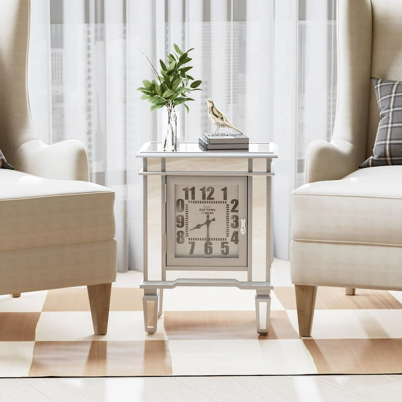 Mirrored Side Table with Clock Door Antique Silver Bedside Nightstand