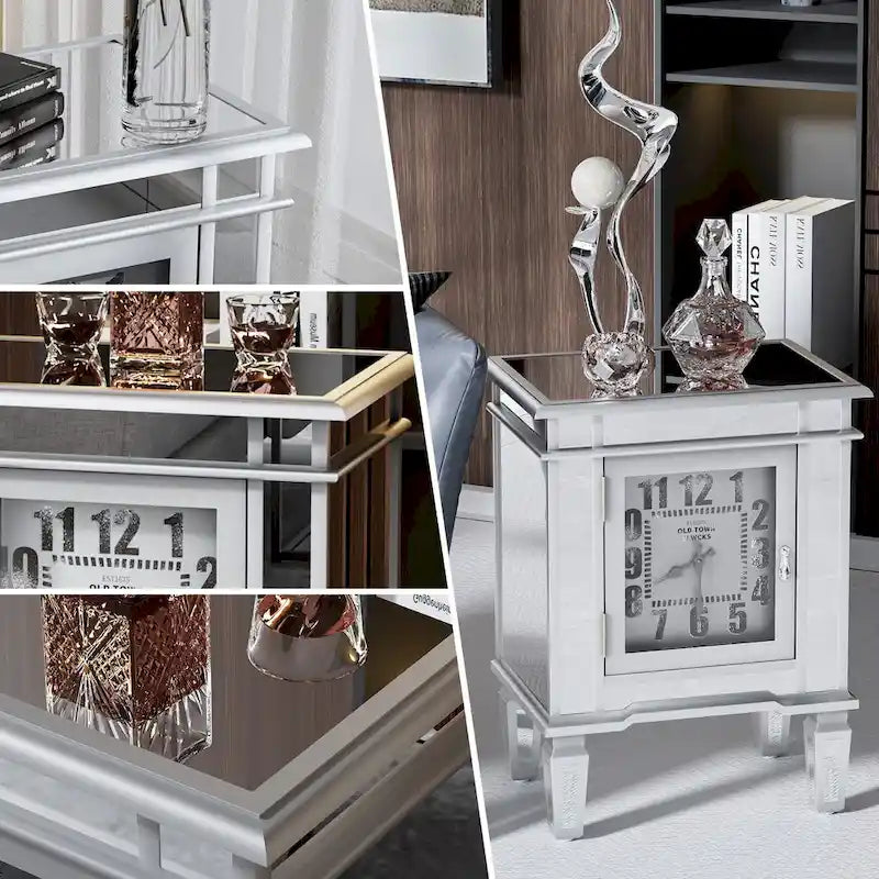 Mirrored Side Table with Clock Door Antique Silver Bedside Nightstand