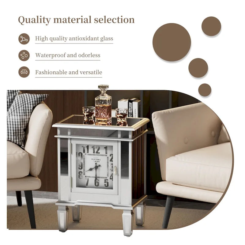 Mirrored Side Table with Clock Door Antique Silver Bedside Nightstand
