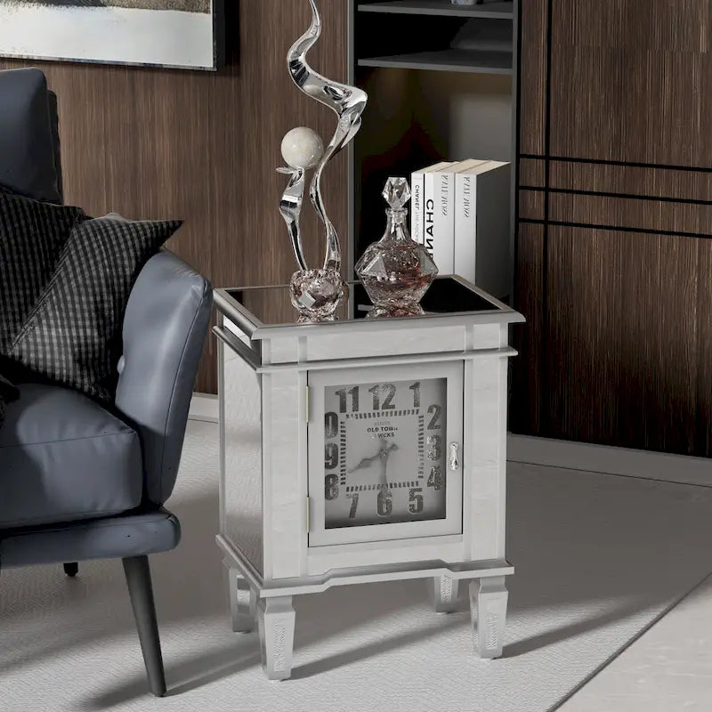 Mirrored Side Table with Clock Door Antique Silver Bedside Nightstand