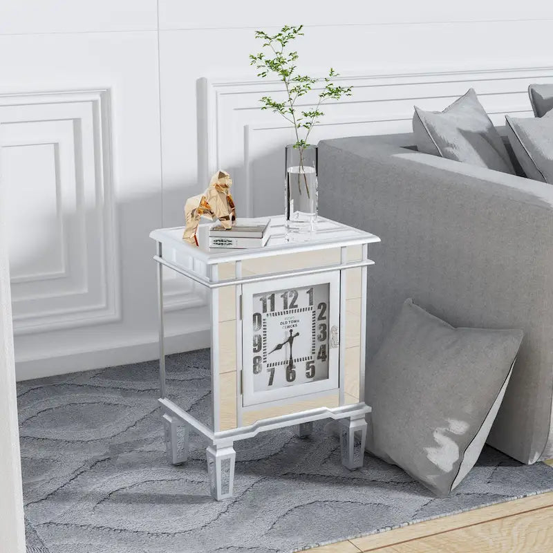 Mirrored Side Table with Clock Door Antique Silver Bedside Nightstand