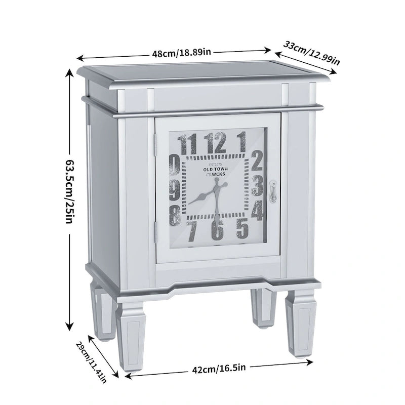 Mirrored Side Table with Clock Door Antique Silver Bedside Nightstand