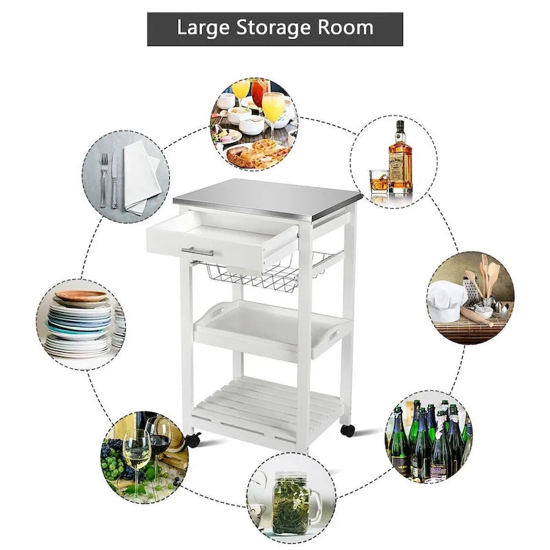Rolling Kitchen Trolley Cart with Storage Basket and Drawers