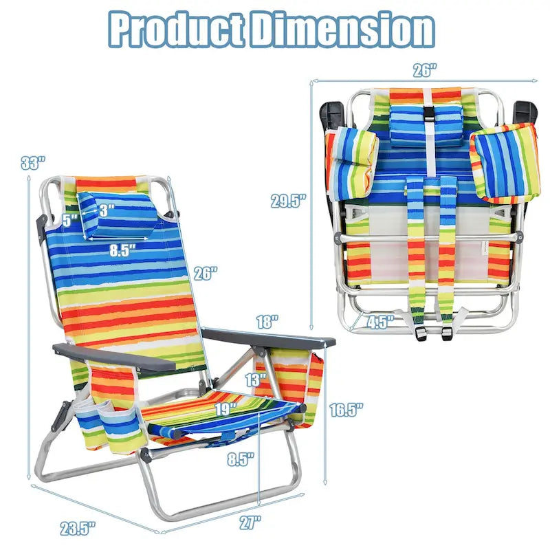 Chaise de plage pliable sac à dos inclinable avec oreiller