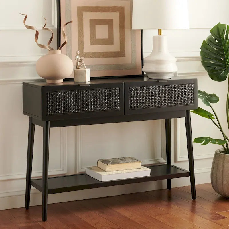 2-Drawer Rattan Console Table with Lower Shelf, Natural and Black
