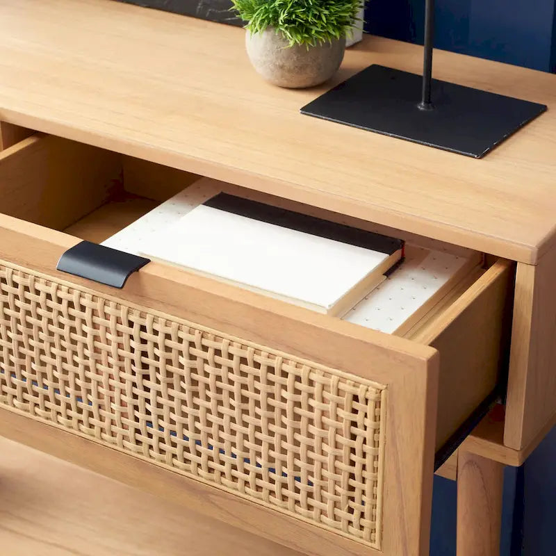 2-Drawer Rattan Console Table with Lower Shelf, Natural and Black