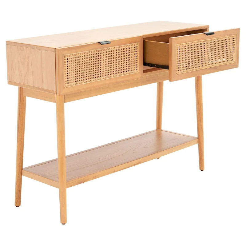 2-Drawer Rattan Console Table with Lower Shelf, Natural and Black
