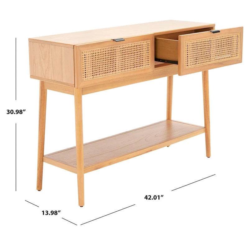 2-Drawer Rattan Console Table with Lower Shelf, Natural and Black