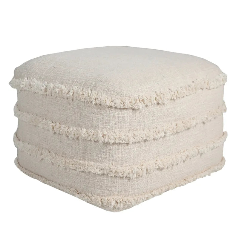 18 Cream Cotton Tufted Cube Striped Pouf Ottoman