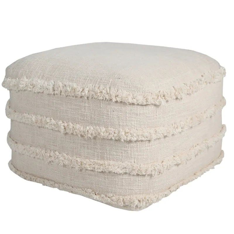 18 Cream Cotton Tufted Cube Striped Pouf Ottoman