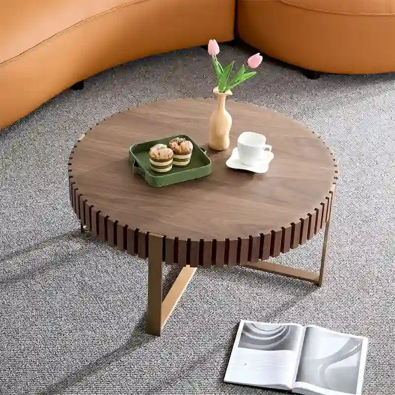Modern 31.5" Round Coffee Table with Slatted Wood Trim and Metal Legs