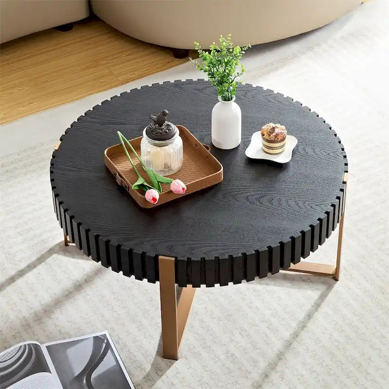 Modern 31.5" Round Coffee Table with Slatted Wood Trim and Metal Legs