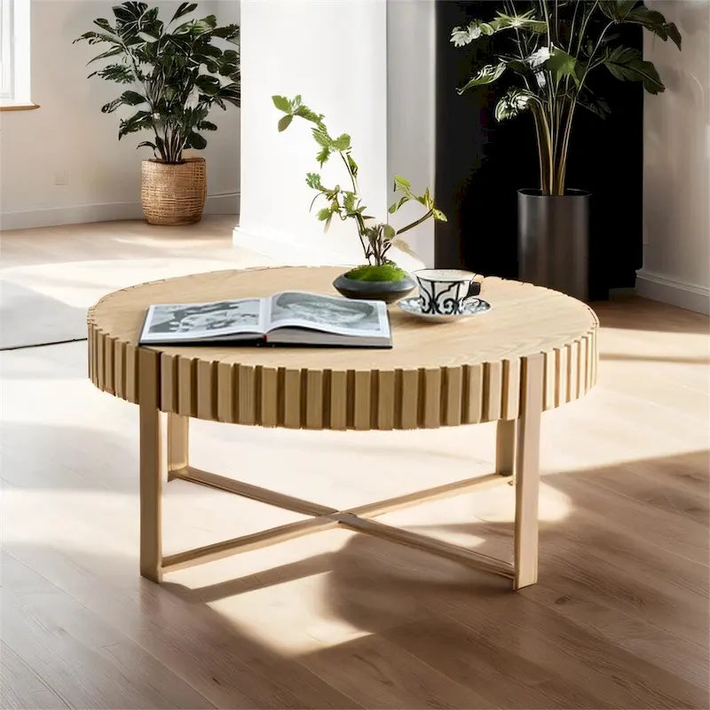 Modern 31.5" Round Coffee Table with Slatted Wood Trim and Metal Legs
