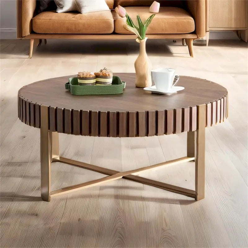 Modern 31.5" Round Coffee Table with Slatted Wood Trim and Metal Legs