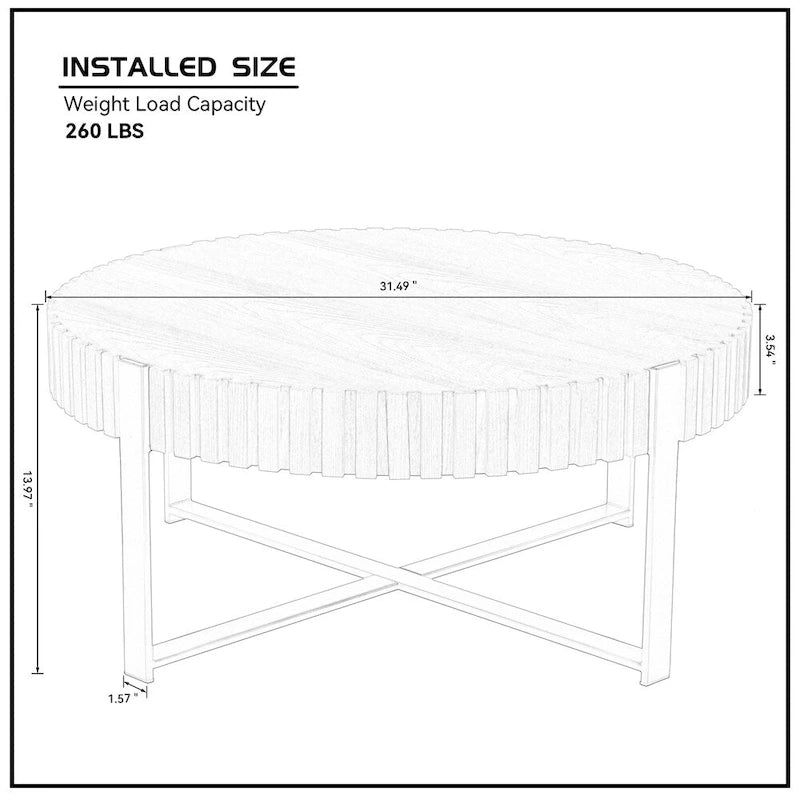 Modern 31.5" Round Coffee Table with Slatted Wood Trim and Metal Legs