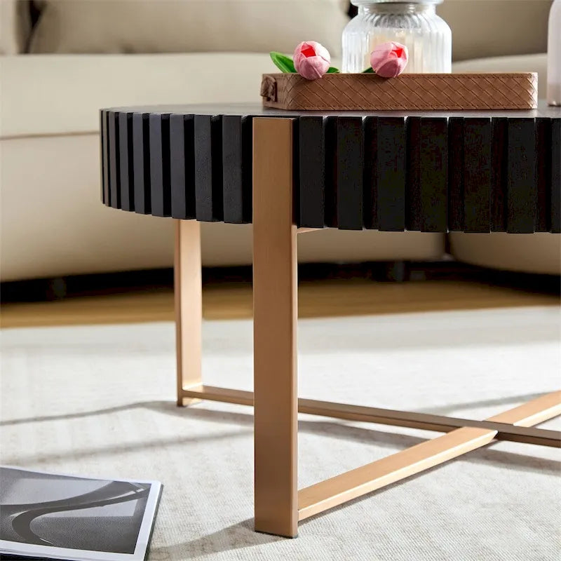 Table basse ronde moderne de 31,5 po avec garniture en bois latté et pieds en métal