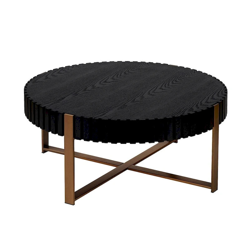 Table basse ronde moderne de 31,5 po avec garniture en bois latté et pieds en métal