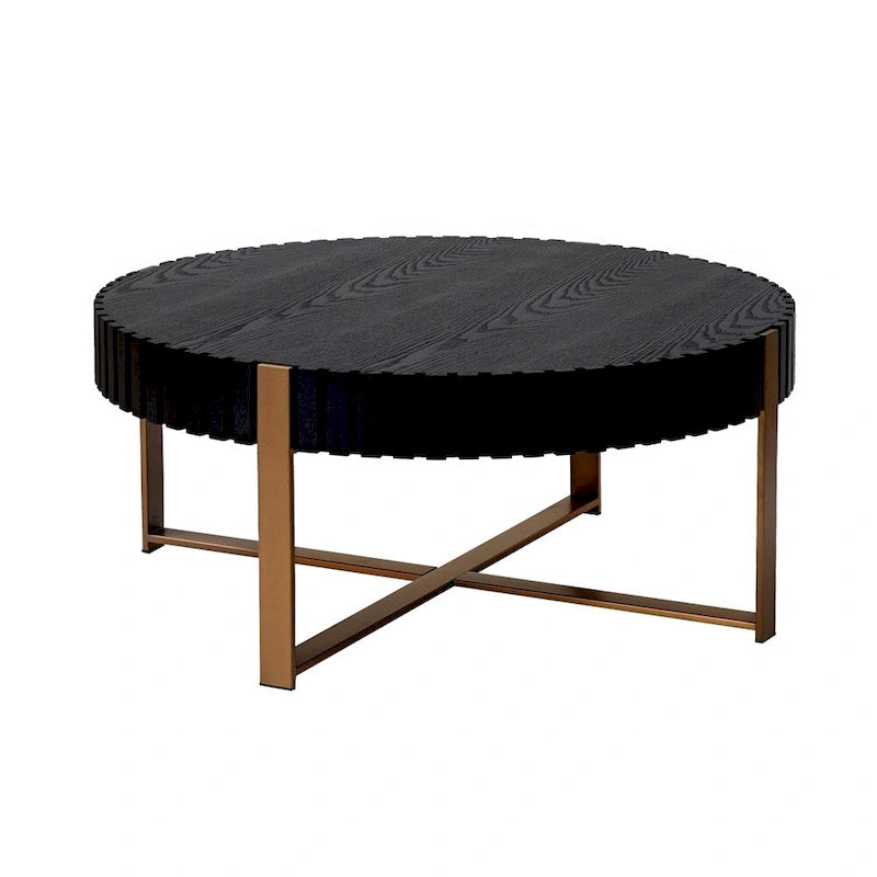 Table basse ronde moderne de 31,5 po avec garniture en bois latté et pieds en métal