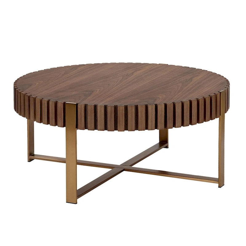 Table basse ronde moderne de 31,5 po avec garniture en bois latté et pieds en métal