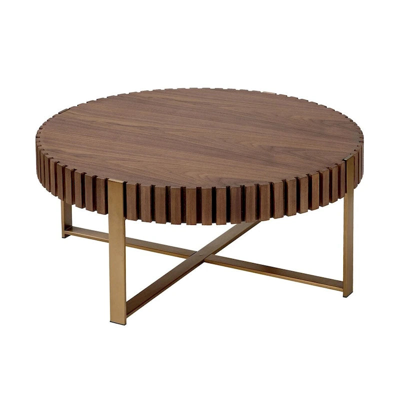 Table basse ronde moderne de 31,5 po avec garniture en bois latté et pieds en métal