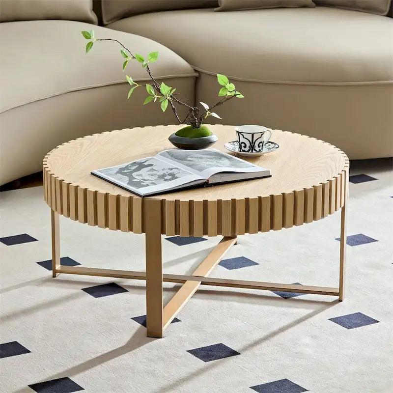 Table basse ronde moderne de 31,5 po avec garniture en bois latté et pieds en métal