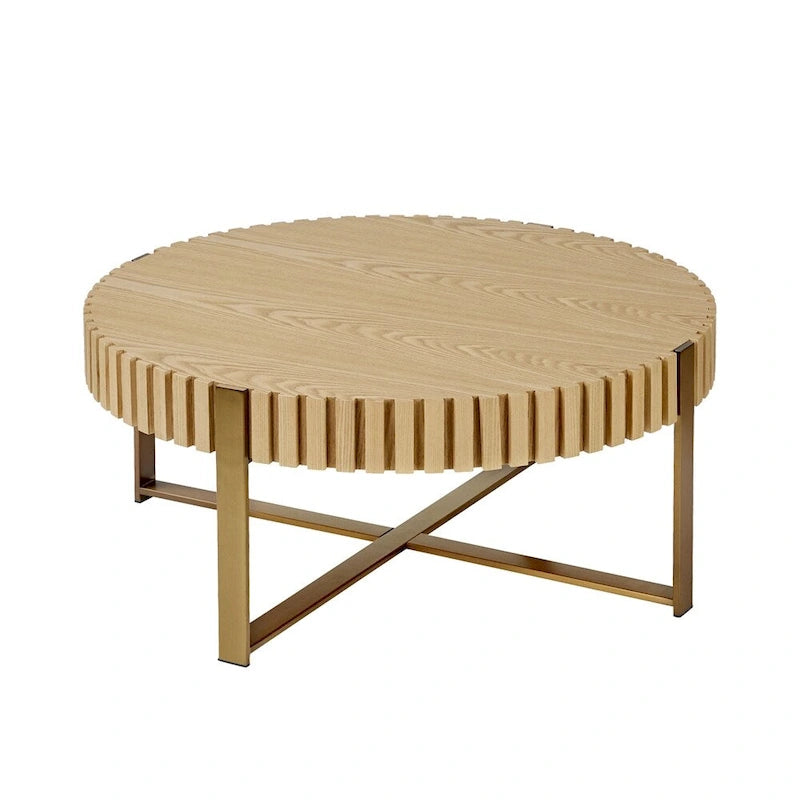 Table basse ronde moderne de 31,5 po avec garniture en bois latté et pieds en métal